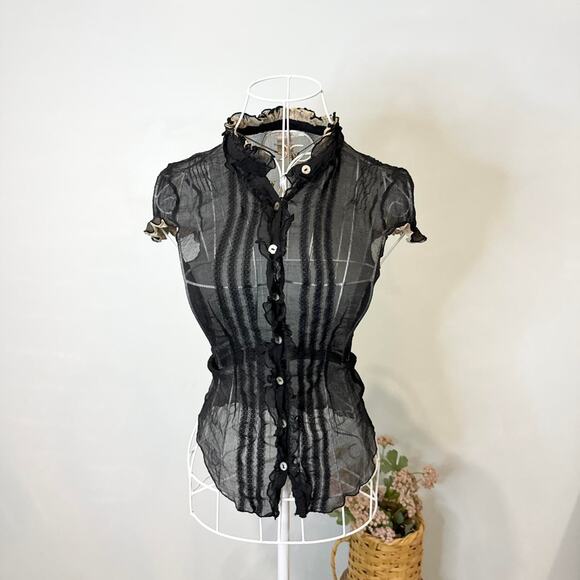 Gorgeous vintage y2k black and tan silk ruffle button up fitted babydoll - Picture 1 of 6